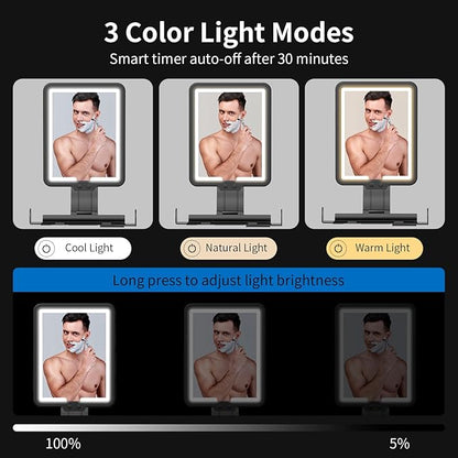 Lighted Shower Mirror Fogless for Shaving, Heated Fog Free Large 9.5*7inch 3 Color Modes Dimming Shower Shaving Mirror with Light, Rechargeable Anti-Fog Shower Mirror with Storage Tray & Razor Holders