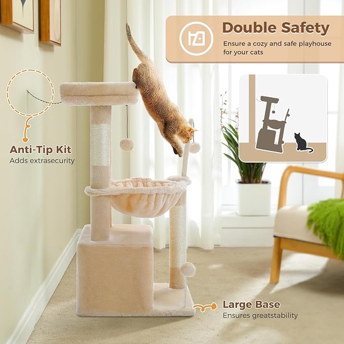 PEQULTI 4-in-1 Cat Tree, 33'' Cat Tower for Indoor Cats with Large Cat Condo, Scratching Post for Cats with Deep Hammock& Cozy Top Perch, Beige-Mewly Pet
