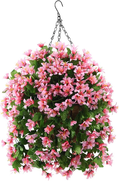 INQCMY Artificial Hanging Flowers in Basket for Spring Summer Patio Garden Decoration,UV Resistant Fake Silk Violet in Planter Realistic for Outside Home Porch Balcony Yard Decor(Pink)