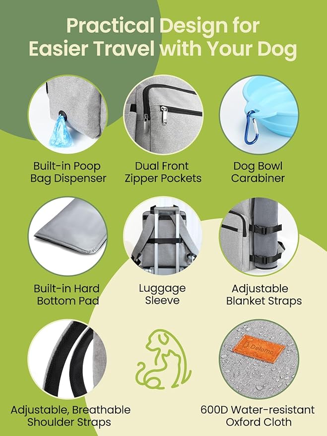 Dog Travel Bag, 25L Airline Approved Dog Travel Backpack for Pet Travel Accessories with 2 Food Storage Containers, 2 Foldable Bowls for Short Trips, Grey-Mewly Pet