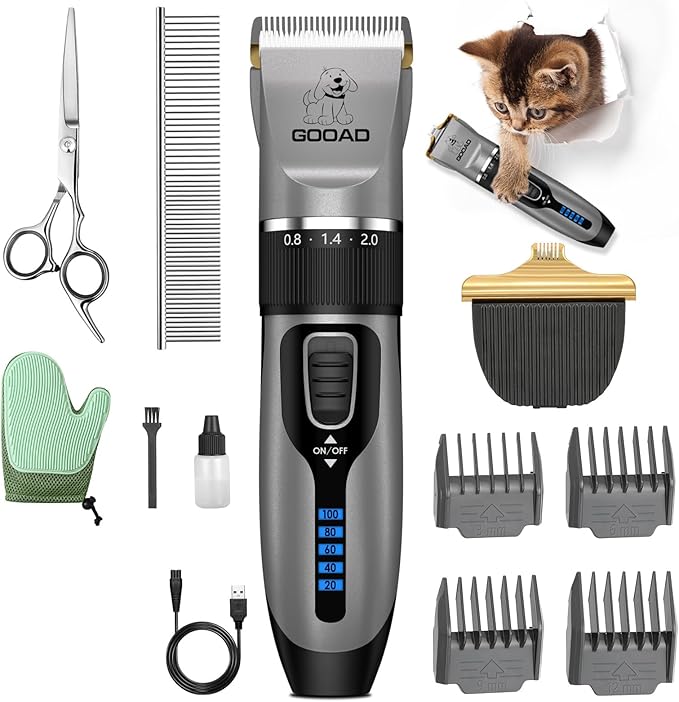 Cat Clippers, Professional Cat Grooming Kit, Cordless Cat Grooming Clippers for Thick Coats, Cat Hair Trimmer, Low Noise Cat Shaver Clippers, Quiet Pet Hair Clippers Tools for Cats Dogs (Gray)-Mewly Pet