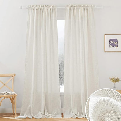 RYB HOME Natural Linen Blend Curtains - Semi Sheer Privacy Window Drapes, Soft Breathable Vintage Light Filtering Sheer Curtains 108 Inches Long for Sliding Door Bedroom, W 52 x L 108, 2 Pcs, Linen