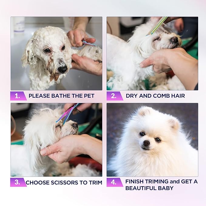 Gimars Dog Grooming Scissors Kit Professional 4CR with Safety Round Tip, 5 in 1 Heavy Duty Titanium Coated Thinning & Curved & Straight Shears-Mewly Pet