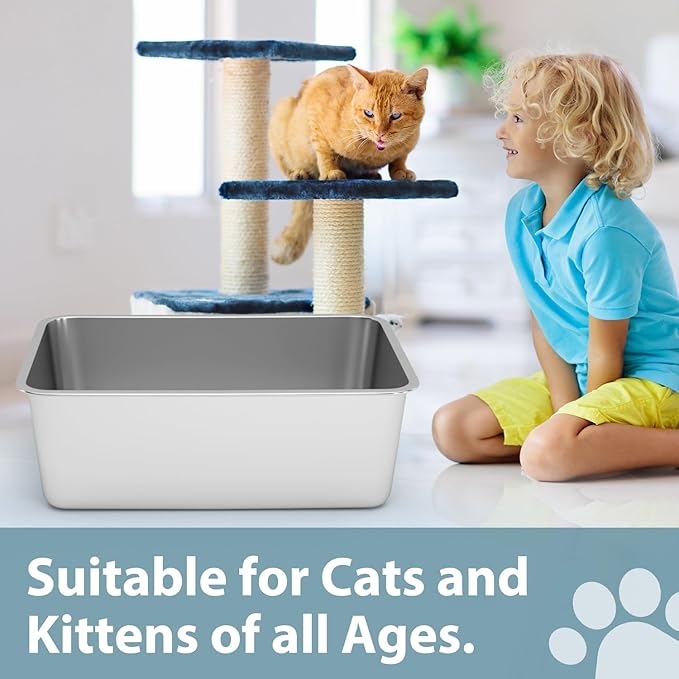 Stainless Steel Litter Box - Cat Litter Box Easy to Clean, Never Absorbs Odor, Stains, or Rusts - Silver (17.7" L x 13.5" W x 6" H)-Mewly Pet