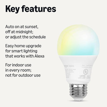 Amazon Basics Smart Indoor LED Light Bulb, Sunset-to-Midnight Activated, Works with Alexa Only, Tunable White, 7.5 W, 1-Pack