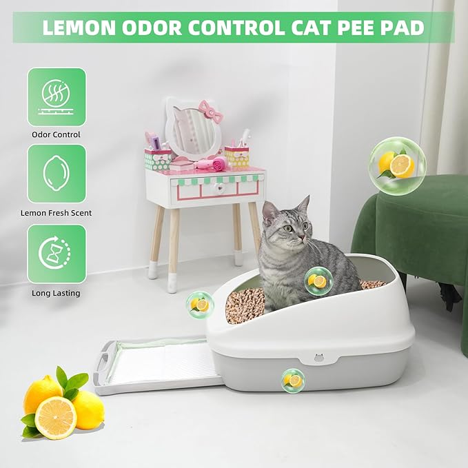 IMMCUTE Cat Litter Pads 16.9" X 11.4", Lemon Scent, 50 Ct, Pee Pads for Cats, Thickened Super Absorbent Pee Pads, Cat Pads for Litter Box System-Mewly Pet