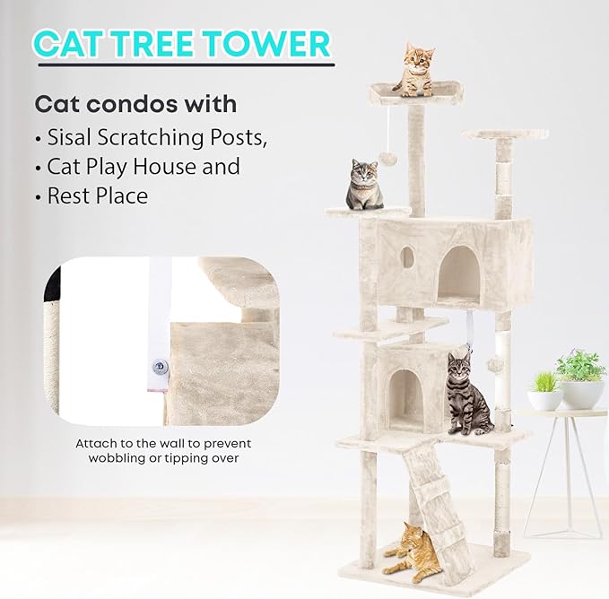 FDW Cat Tree 70in Cat Tower Multi-Level Durable Cat Scratching Post & Cozy Fun Cat Jumping Platform Space Saving Cat Condo Pet Play House for Indoor Cats,Beige-Mewly Pet