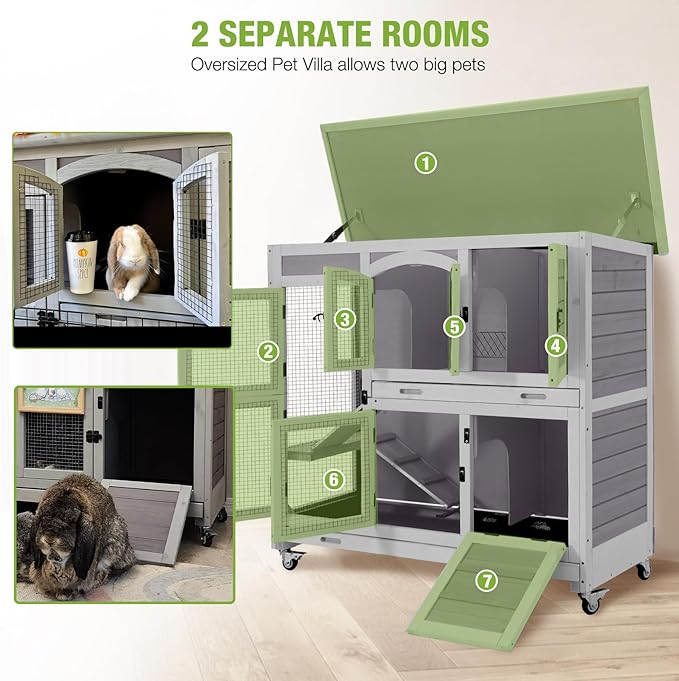 GUTINNEEN Large Rabbit Hutch Indoor with Chew-Proof Ramp, 47" Wooden Bunny Cage Guinea Pig Cages with Casters, Leak-Resistant Trays for Rabbits, Guinea Pigs, Small Animals-Mewly Pet