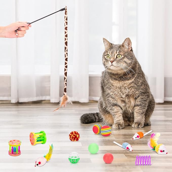 Retro Shaw Cat Toys Bundle 33 Pack, Interactive Kitten Toys for Indoor Cats Kitty with Collapsible Play Tunnel Tube Tent Feather Wand Teaser Bell Fuzzy Ball Springs Mouse Toy-Mewly Pet