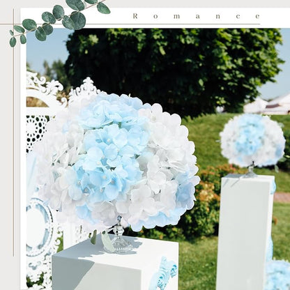 Zeyune 100 Pcs Hydrangea Artificial Flowers, Silk Flower Heads with Stems, Fake Hydrangea Bouquet for Wedding Arch Centerpiece DIY Floral Home Decoration (White and Blue)