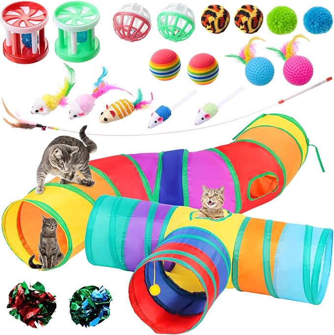 Wettarn 22 Pieces Cat Toys Set, with 2 Collapsible Tunnels for Indoor Cats and 20 Kitten Toys Tubes and Tunnels Interactive Feather Mouse Crinkle Balls for Pets Puppies(Colorful)-Mewly Pet