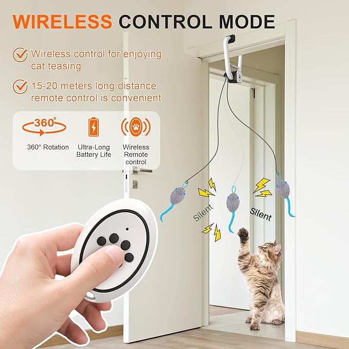 Cat Toy, Upgraded Smart Interactive Cat Toys with Remote Control, USB Rechargeable Door Hanging Retractable Kitten Toy for Self Play, Teaser Electronic Feather Cat String with 3 Plush Mice-Mewly Pet