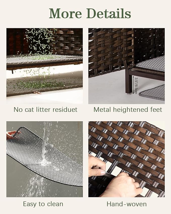 Cat Litter Box Enclosure Hidden Litter Box Furniture with Metal Heightened Feet, Rattan Handwoven Cat House with Litter Mat, Hidden Litter Box Furniture for Bedroom Living Room Brown-Mewly Pet