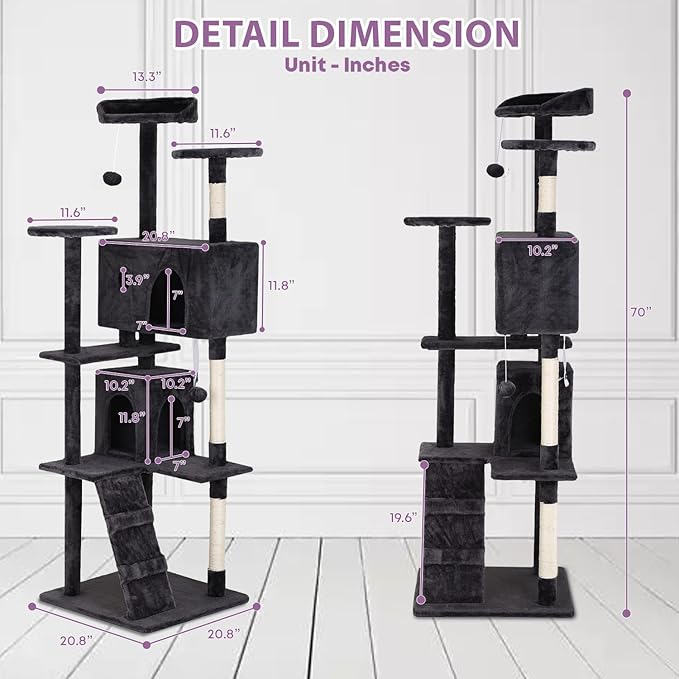 70 inches Cat Tower for Indoor Cats Multi-Level Cat Condos for XL Cat Tree Cat Climbing Tower with Scratching Posts, Hanging Toys,Dark Gray-Mewly Pet