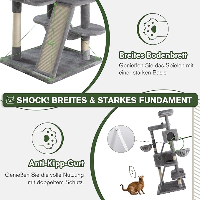 MUTICOR 66 Inches Multi-Level Large Cat Tree Tower for Indoor Big Feline/Cozy Plush Perches/Condo/Sisal Scratching Posts/Hammock and Baskets/Activity Center Play House/Wide Base/Grey-Mewly Pet