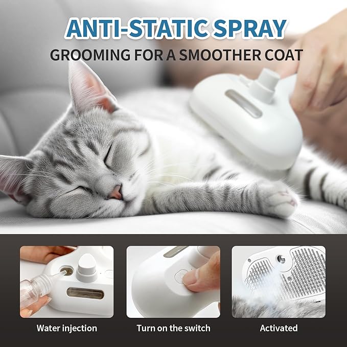 3 In 1 Self Cleaning Steamy Pet Brush - Anti-Static, Grooming Tool for Long and Short Hair Pets, Removes Loose Hair and Reduces Shedding, White-Mewly Pet