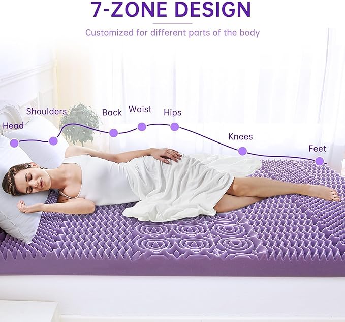 MUXHOMO 3.9 Inch 7-Zone Queen Mattress Topper, Egg Crate Foam Mattress Topper Queen Size for Back Pain, Lavender Cooling Gel Infused Bed Pad, CertiPUR-US and Oeko-TEX Certification (60"×80")