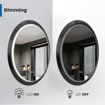 Round LED Bathroom Mirror with Lights, Front Lit Makeup Mirror, Anti-Fog, 3 Colors and Dimmable Light, 36 Inchs Black