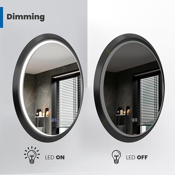 Round LED Mirror 24 Inch for Bathroom, Black Metal Frame Lighted Vanity Mirror,Wall Mounted Circle with Lights,6000K Anti-Fog & Dimmable Touch Button