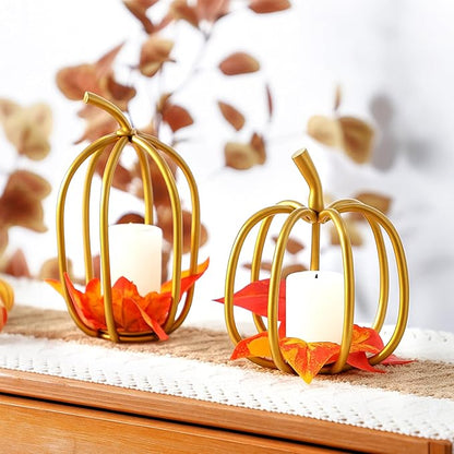2 Pcs Thanksgiving Gold Metal Pumpkin Candle Holder 6inch 8inch Fall Iron Pumpkin Votive Candle Holder for Holiday Autumn Halloween Home Room Vintage Decoration