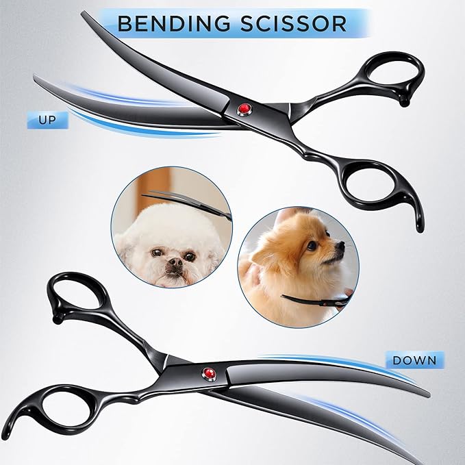 Gimars 7.0in Professional 4CR Stainless Steel Safety Round Tip 6 in 1 Dog Grooming Scissors Heavy Duty Titanium Coated Pet Grooming Scissor for Dogs, Cats and Other Animals-Mewly Pet