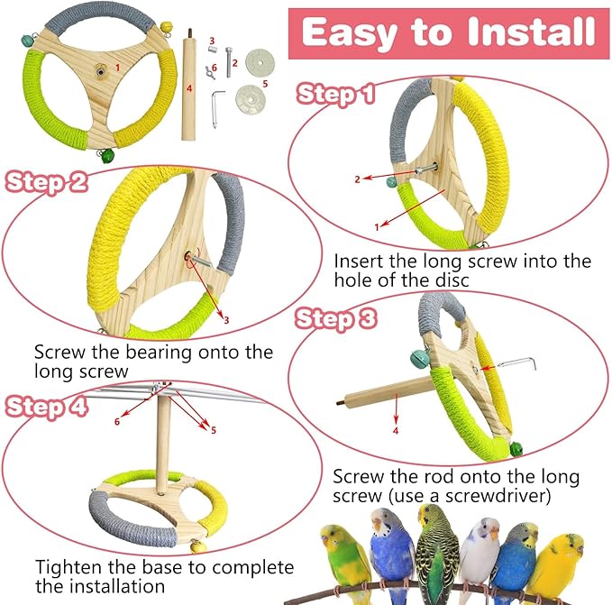 PINVNBY Hanging Bird Stand Perch Toy Wooden Spinning Parrot Perch with Cotton Rope and Bell Interactive Cockatiel Toy Bird Cage Accessories for Parakeets Conures Budgies Finches Lovebirds-Mewly Pet