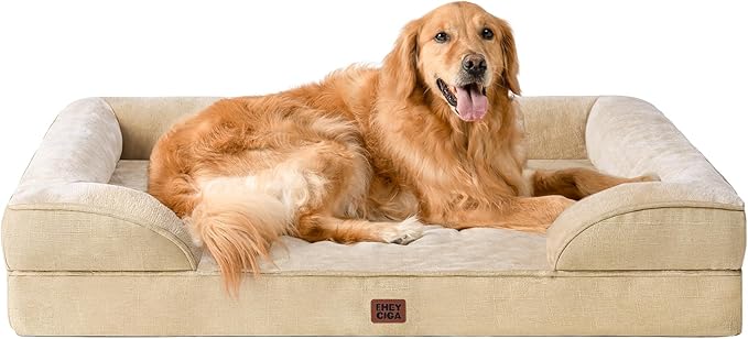 EHEYCIGA Orthopedic Dog Beds for Large Dogs, Waterproof Memory Foam Large Dog Bed with Sides, Non-Slip Bottom and Egg-Crate Foam Pet Couch Bed with Washable Removable Cover, Greige-Mewly Pet