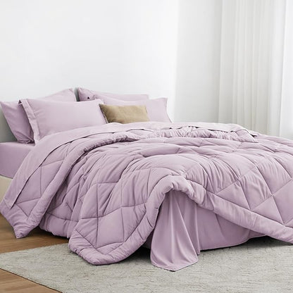 Love's cabin King Size Comforter Set Light Purple, 7 Pieces King Bed in a Bag, All Season Bedding Sets with 1 Comforter, 1 Flat Sheet, 1 Fitted Sheet, 2 Pillowcase and 2 Pillow Sham