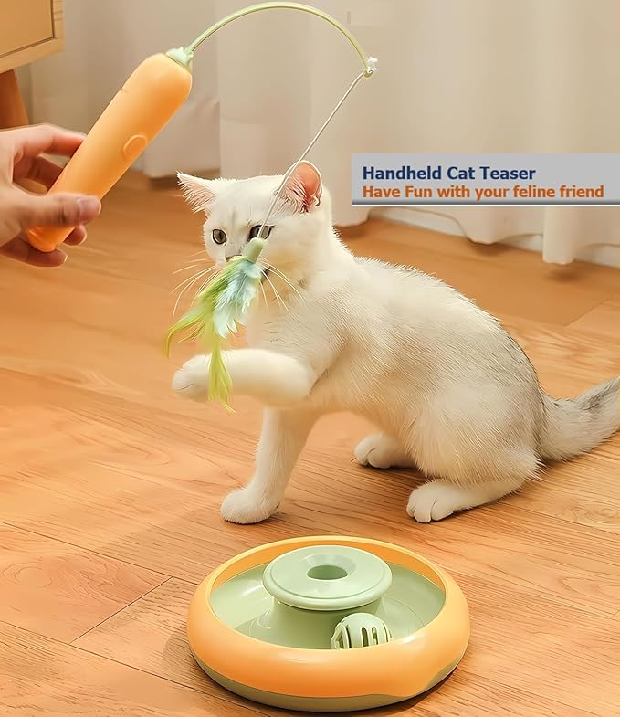 Interactive Cat Toys for Bored Indoor Cats,Automatic Cat Toy 3-in-1 Smart Teaser Wand Featuring Spinning Feather&Rolling Ball Track,Cats Dancer Toy Stimulates Hunting Instincts,Weight Control-Mewly Pet