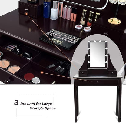 CHARMAID Vanity Set with Lighted Mirror, Makeup Table with 10 LED Dimmable Bulbs, 3 Drawers, 2 Dividers, Modern Bedroom Dressing Table Vanity Desk with Stool for Women Girls (Espresso)