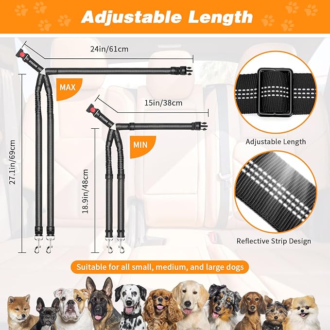 BWOGUE Double Dog Cat Seat Belts, Car Headrest Restraint Adjustable Travel Leash,Safety Elastic Leads Splitter Connect Vehicle Seatbelt Harness for 2 Dogs-Mewly Pet