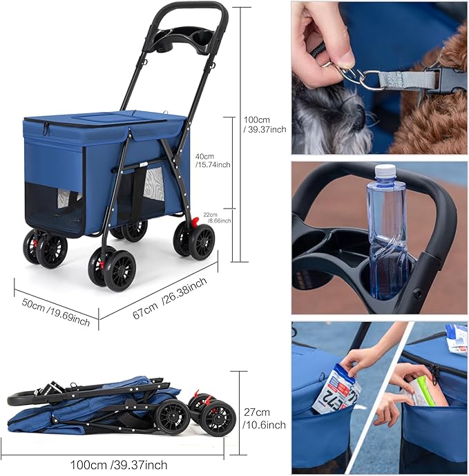 Pet Stroller Cat Dog Stroller Travel Folding Pet Carriers（Blue）-Mewly Pet