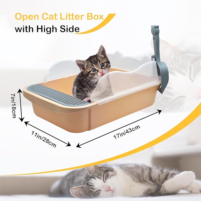 Open Cat Litter Box with High Side,Anti-Splashing Cats Litters Pan,Kitten Toilet with Litter Sifting Scoop,Semi-Enclosed Removable Kittens Litter for Boxes Easy to Clean No Odork(Khaki)-Mewly Pet