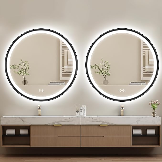 S'bagno 32'' Round Black LED Mirror for Bathroom with Frontlit & Backlit, LED Vanity Mirror with Metal Frame, Anti-Fog, Stepless Dimmable, 3 Color Temperature