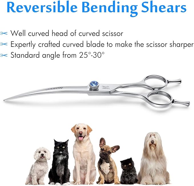 JASON 7" Curved Dog Grooming Scissors, Ergonomic Pets Cats Trimming Shears with Offset Handle and a Jewelled Screw for Right Handed Groomers, Sharp, Comfortable-Mewly Pet