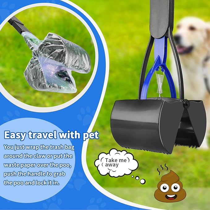 UPSKY 32'' Pooper Scooper for Large Small Dogs, Long Handle Dog Poop Scooper with Waste Bags, Portable Dog Poop Pick Up Tool, Folding Poop Scoop for Yard, Grass, Dirt, Gravel Blue-Mewly Pet