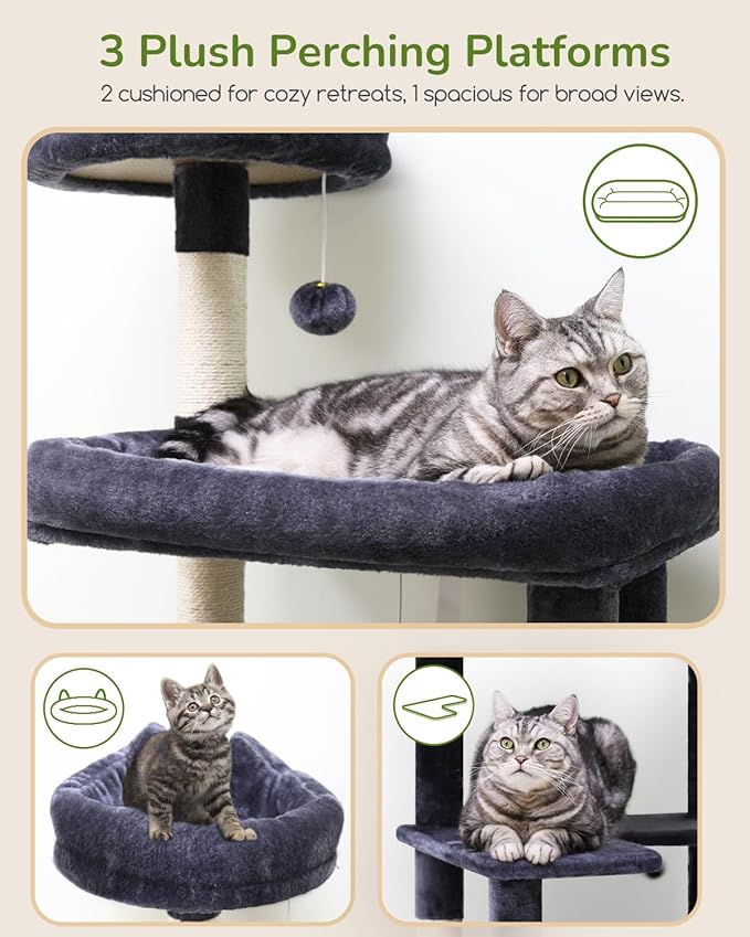 Globlazer Heavy Duty Cat Tree Tower, 73in Tall Cat Tree for Indoor Cats Large Adult, Cat Condo for Large Cats with 5 Scratching Posts, 2 Cat Caves, 2 Padded Perches, 2 Hanging Baskets, F73, Dark Gray-Mewly Pet
