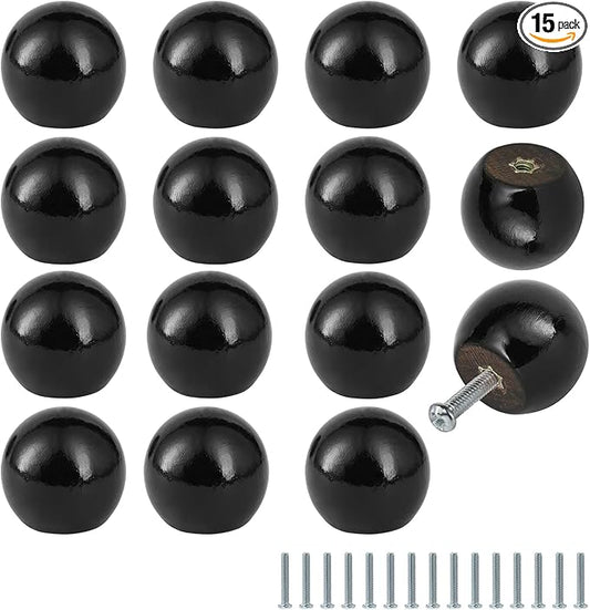 FoDau770 15pcs Black Wood Knobs, Round Ball Cabinet Knobs Vintage Drawer Pulls, Natural Wooden Cabinet Hardware for Furniture Drawer Dresser Wardrobe Cupboard - 1" Diameter