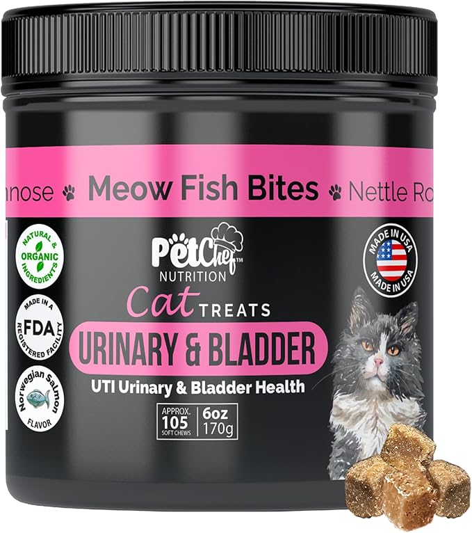 Pet Chef Feline Treats - Fix Cat UTI - Natural & Organic UTI Remedy for Cats. Feline UTI Prevention - Low Calories- Reduce cat Fur Balls, and Vomiting. Cat Urine Crystals Prevention.-Mewly Pet