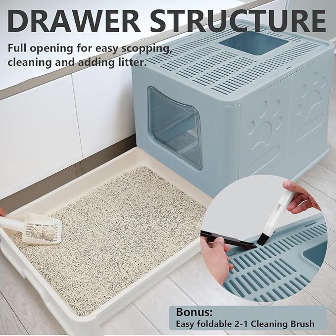 XL Foldable Cat Litter Box with Lid - Jumbo Enclosed Potty - Top Entry Anti-Splashing Toilet - Includes Scoop & 2-in-1 Cleaning Brush (Blue-Mewly Pet