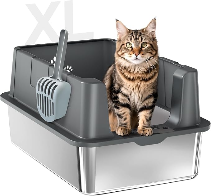 Sousia Stainless Steel Litter Box, Non-Sticky Anti-Leakage Easy Cleaning Metal Cat Litter Tray with Lid, High Wall Sides Enclosure and Scoop, Ideal for Big Cats, XL (Grey)-Mewly Pet