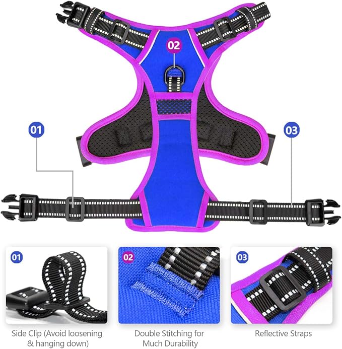 PHOEPET 2019 Upgraded No Pull Dog Harness, Reflective Adjustable Vest, with a Training Handle + 2 Metal Leash Hooks+ 3 Snap Buckles +4 Slide Buckles(XS, Royal Blue)-Mewly Pet