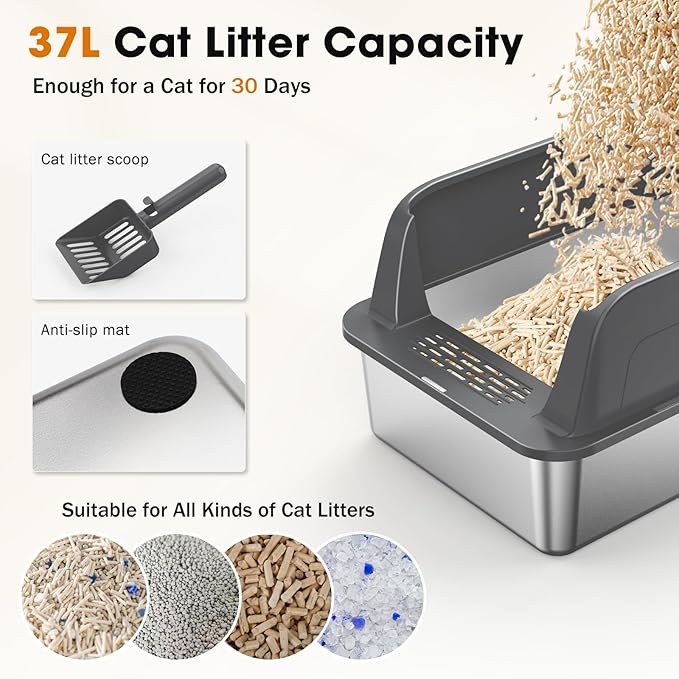 2PACK Stainless Steel Litter Box, Extra Large Litter Boxes for Big Cats, XL Metal Cat Litter Box with Lid High Sides, Anti-Urine Leakage, Non-Sticky, Scoop Included-Mewly Pet