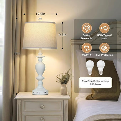 28" White Farmhouse Table Lamps Set of 2 with USB C+A Ports & AC Outlet for Vintage Living Room Rustic Bedroom,3-Way Dimmable Touch Lamp Retro Resin Bedside Lamps for Nightstand Side Table