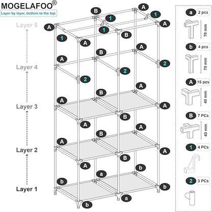 35 Inch Portable Wardrobe Closet for Small Room, Clothing Organizer Storage Rack with Non-Woven Fabric Cover, 1 Clothes Hanging Rod, 6 Storage Shelves, Grey