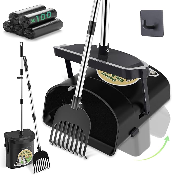 UPSKY Dog Pooper Scooper Swivel Bin & Rake Kit with 100 Waste Bags,33.4" Stainless Steel Long Handle Heavy Duty Pet Poop Shovel for Large Medium Small Dogs, Odor-Proof Lid for Yard/Lawn/Outdoor Use-Mewly Pet