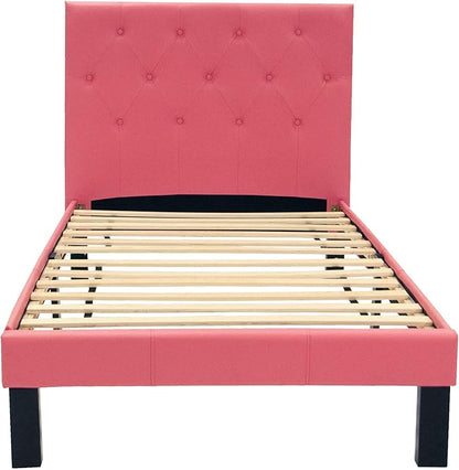 Poundex PU Upholstered Platform Bed, Twin, Pink