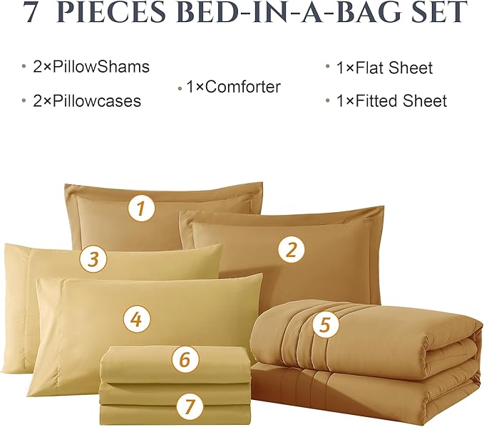 Monbix King Size Comforter Set - 7 Pieces Bed in a Bag King, Desert Yellow Bedding Sets with Comforter, All Seasons Down Alternative Comforter Bed Set with Sheets, Pillowcases & Shams