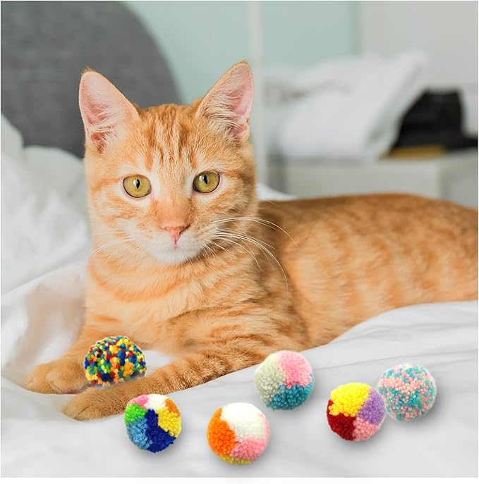 Andiker 6 Pcs Assorted Color Cat Ball Toys, Woolen Yarn Puffs Cat Pom Pom Balls Interactive Kitten Chasing Toys-Mewly Pet