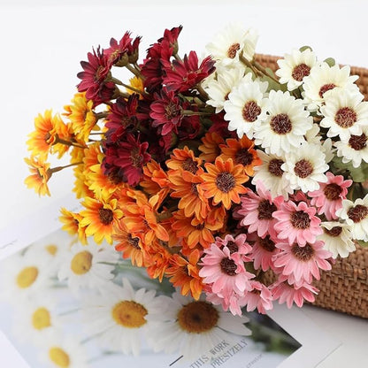 Artificial Mums for Outdoors, Faux Sunset Mum Flowers Planters for Indoor Outside Decor, Fake Look Real, Vibrant, UV Resistant, Waterproof, Windproof (White, 5 Bundle)